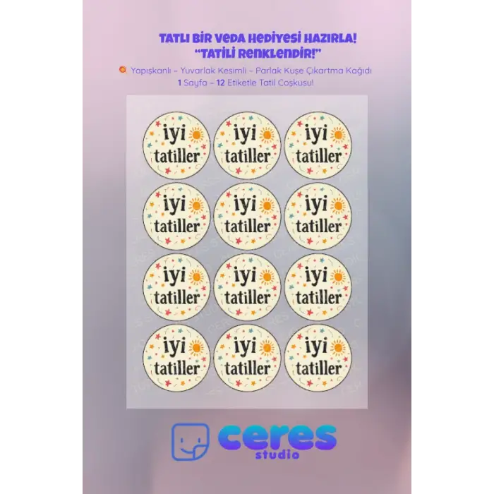 İyi Tatiller Sticker Seti K15- 12 Adet Yuvarlak Etiket | Yapışkanlı, Parlak Kuşe Çıkartma Kağıdı