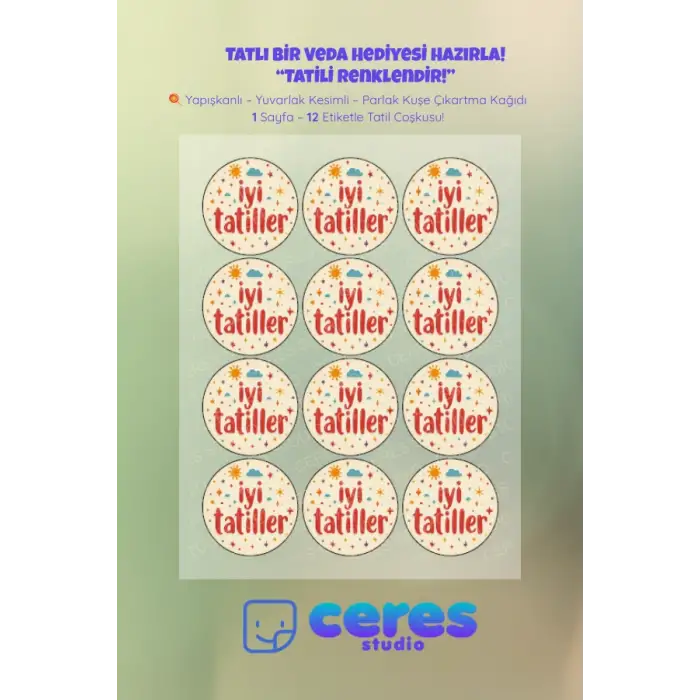 İyi Tatiller Sticker Seti K3- 12 Adet Yuvarlak Etiket | Yapışkanlı, Parlak Kuşe Çıkartma Kağıdı