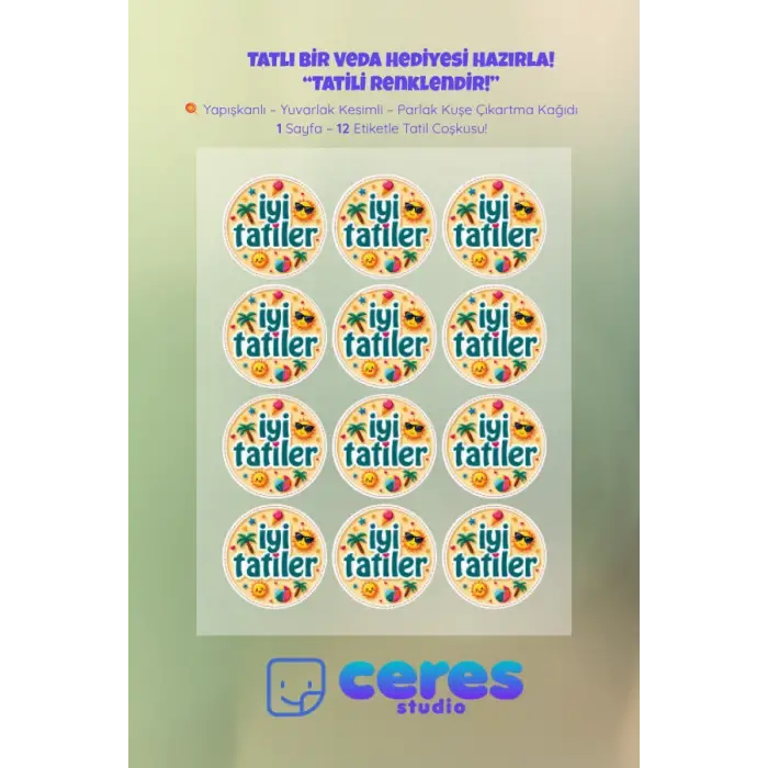 İyi Tatiller Sticker Seti K7- 12 Adet Yuvarlak Etiket | Yapışkanlı, Parlak Kuşe Çıkartma Kağıdı