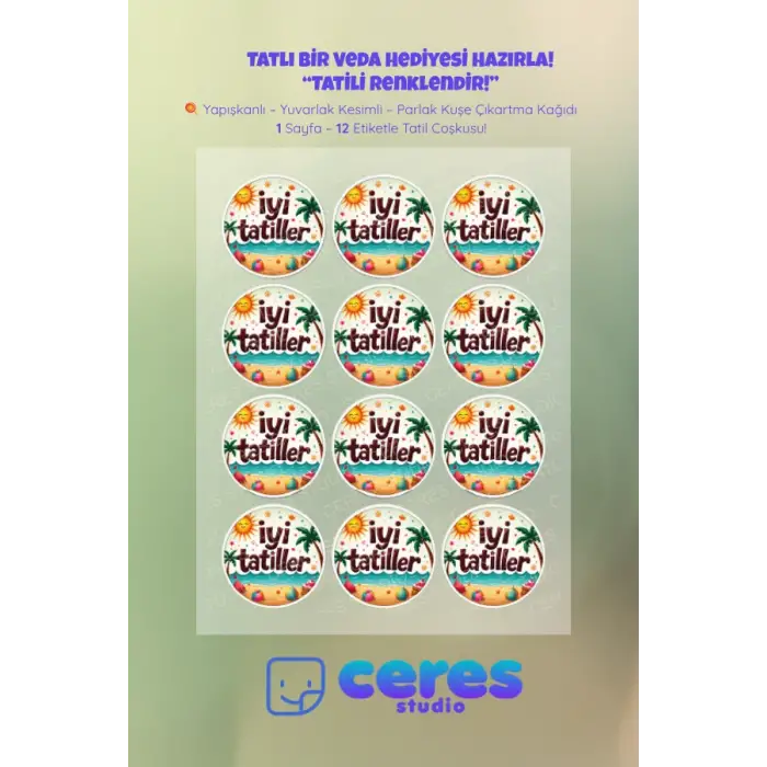 İyi Tatiller Sticker Seti K8- 12 Adet Yuvarlak Etiket | Yapışkanlı, Parlak Kuşe Çıkartma Kağıdı