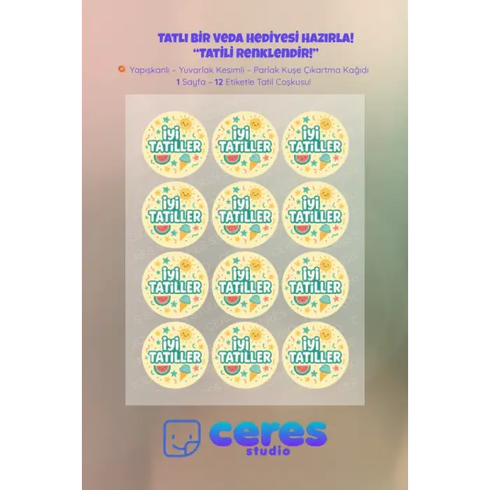İyi Tatiller Sticker Seti K9- 12 Adet Yuvarlak Etiket | Yapışkanlı, Parlak Kuşe Çıkartma Kağıdı