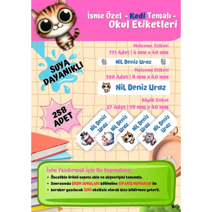 Kedi Temalı Kişiye Özel Suya Dayanıklı Okul Etiketi Seti - 258 Adet İsimli Etiket