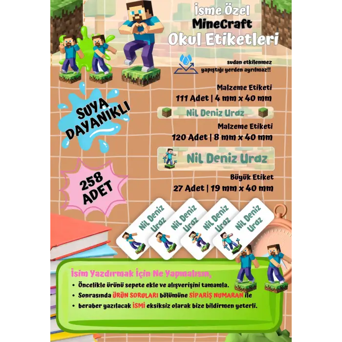 Minecraft Temalı Kişiye Özel Suya Dayanıklı Okul Etiketi Seti - 258 Adet İsimli Etiket