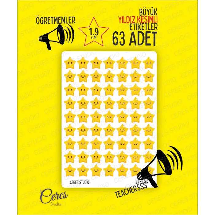 Öğretmenler Için Yıldız Etiket Star Sticker 63 Adet (1.9CM) YILDIZ şeklinde KESİMLİ