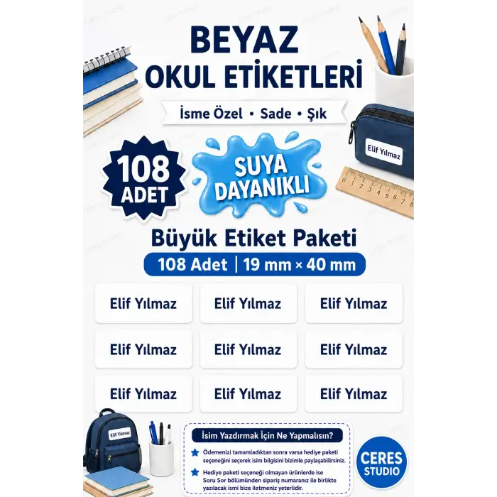Okul Etiketi Defter isimli Etiket Isim Yazılabilen - 108 Adet Özel Yeni Tasarım