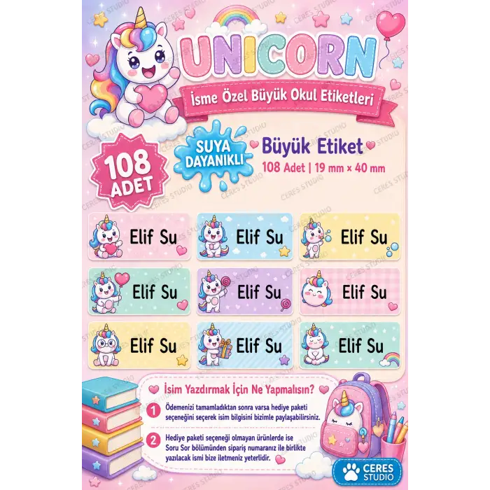 Okul Etiketi Defter isimli Etiket Isim Yazılabilen Unicorn Temalı - 108 Adet Özel Yeni Tasarım