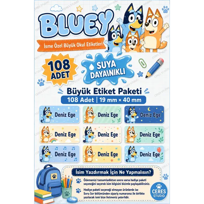 Okul Etiketi Defter isimli Etiket Isim Yazılabilen Bluey Temalı - 108 Adet Özel Yeni Tasarım
