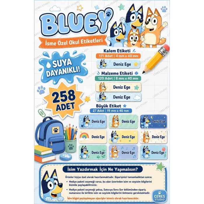 Okul Etiketi Kalem Defter isimli Etiket Isim Yazılabilen Bluey Temalı - 258 Adet Özel Yeni Tasarım