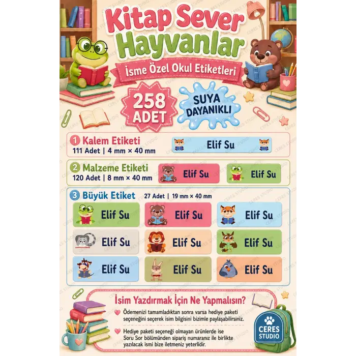 Okul Etiketi Kalem Defter isimli Etiket Isim Yazılabilen Hayvan Temalı - 258 Adet Özel Yeni Tasarım