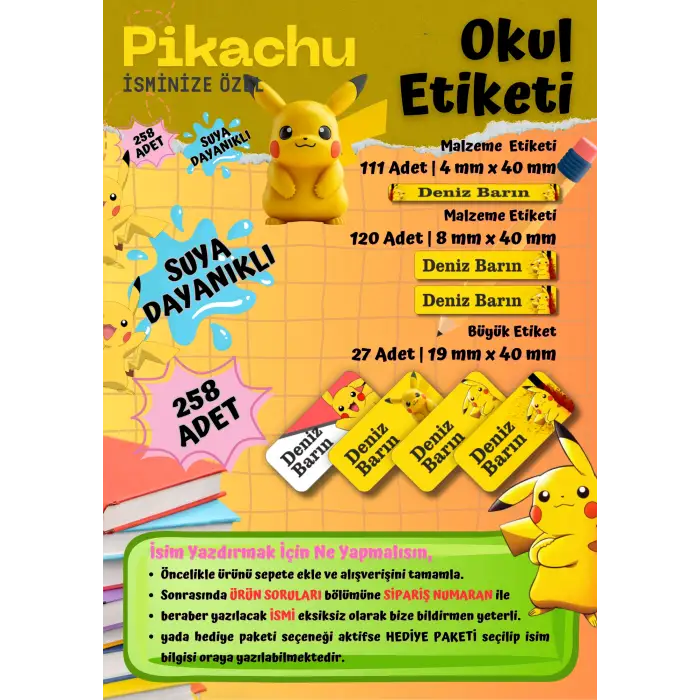 Pikachu Pokemon Temalı Kişiye Özel Suya Dayanıklı Okul Etiketi – 258 Adet İsimli Çıkartma