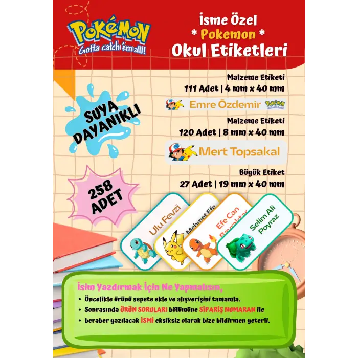 POKEMON Okul Etiketi Defter Etiketi Kalem Etiketi Kişiye Özel Suya Dayanıklı İsim Yazılabilien