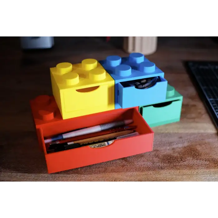 Renkli Lego Blok Organizer Kutu Seti - Masa Üstü Kalemlik Kırtasiye Çekmeceli Düzenleyici Hediye