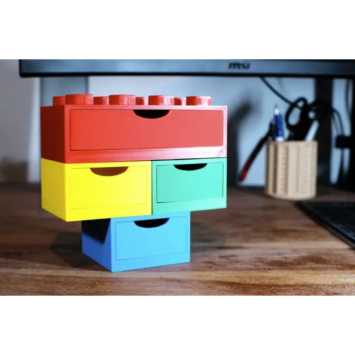 Renkli Lego Blok Organizer Kutu Seti - Masa Üstü Kalemlik Kırtasiye Çekmeceli Düzenleyici Hediye