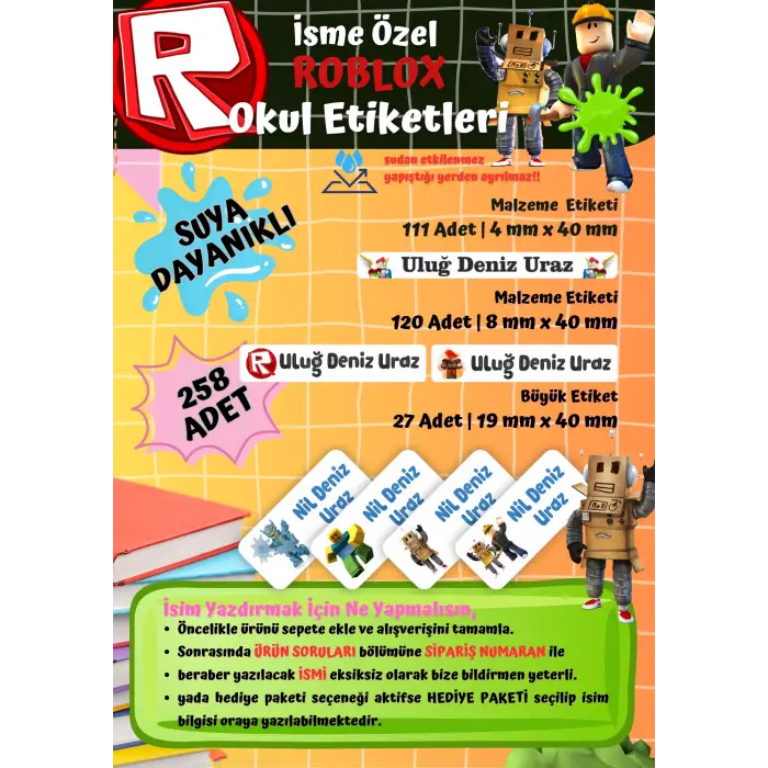 Roblox Temalı Kişiye Özel Suya Dayanıklı Okul Etiketi Seti – 258 Adet İsimli Çıkartma