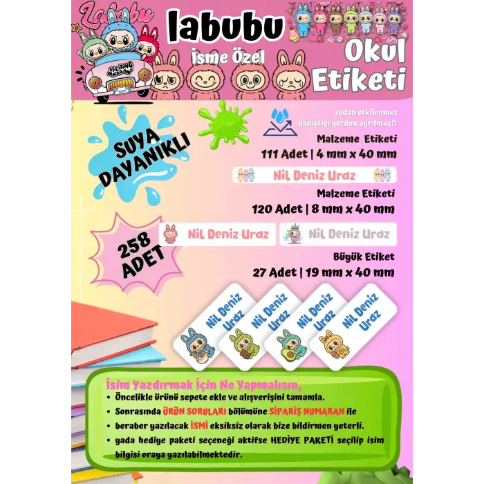 Sevimli LABUBU Temalı Kişiye Özel Suya Dayanıklı Okul Etiketi Seti – 258 Adet İsimli Çıkartma