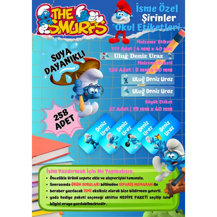 Şirinler (ERKEK) Temalı Kişiye Özel Suya Dayanıklı Okul Etiketi Seti – 258 Adet İsimli Çıkartma