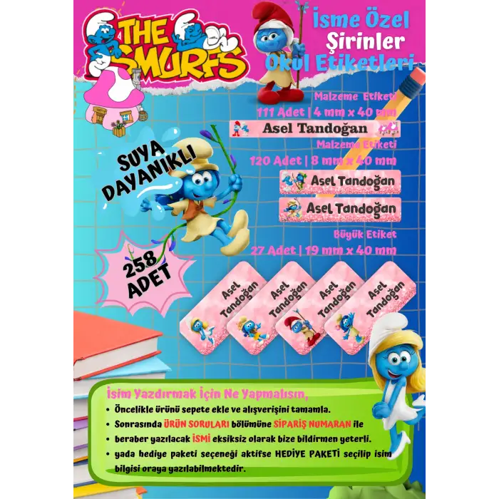 Şirinler (KIZ) Temalı Kişiye Özel Suya Dayanıklı Okul Etiketi Seti – 258 Adet İsimli Çıkartma