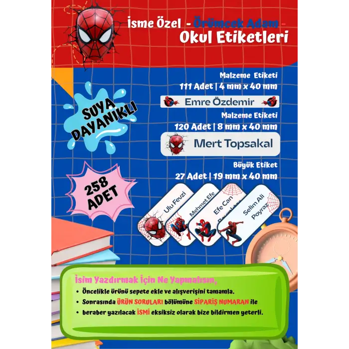 Spiderman Okul Etiketi Defter Etiketi Kalem Etiketi Kişiye Özel Suya Dayanıklı İsim Yazılabilien