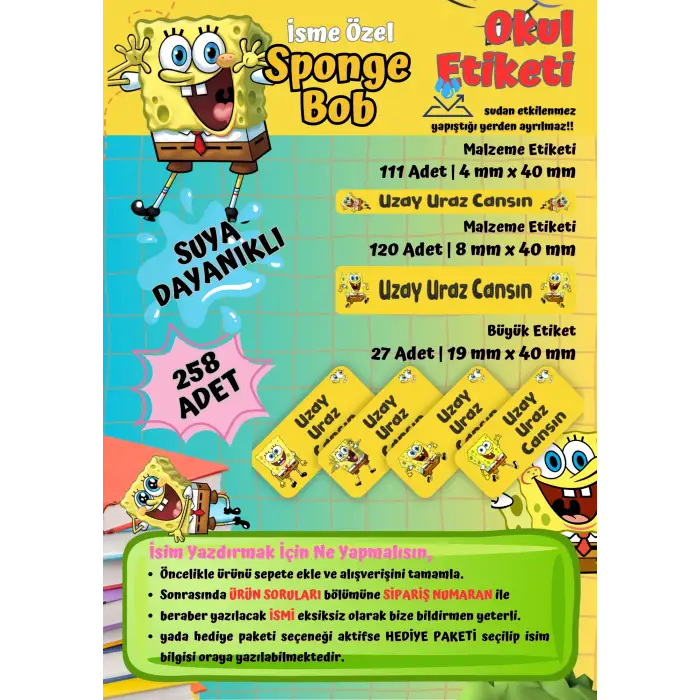Sponge Bob Temalı Kişiye Özel Suya Dayanıklı Okul Etiketi – 258 Adet İsimli Çıkartma