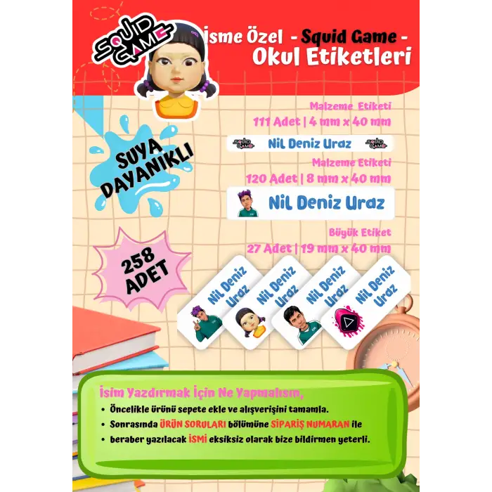 Squid Game Temalı Kişiye Özel Suya Dayanıklı Okul Etiketi Seti - 258 Adet İsimli Etiket