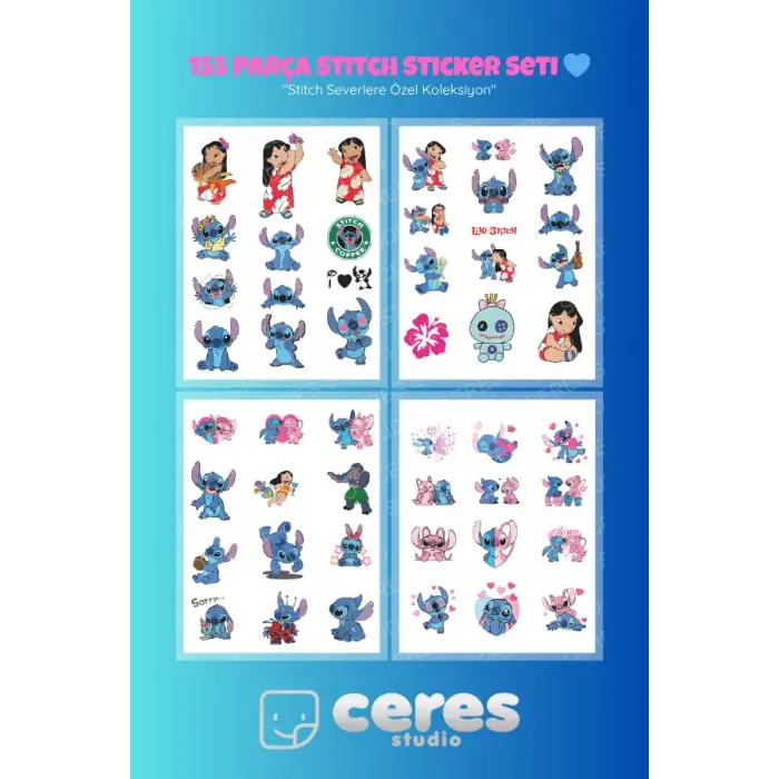 Stitch Temalı 155 Parça Sticker Seti - Kawaii Karakter Etiketleri Defter Laptop Telefon İçin