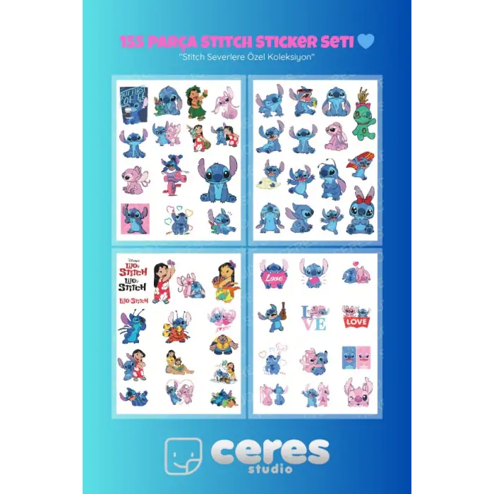 Stitch Temalı 155 Parça Sticker Seti - Kawaii Karakter Etiketleri Defter Laptop Telefon İçin