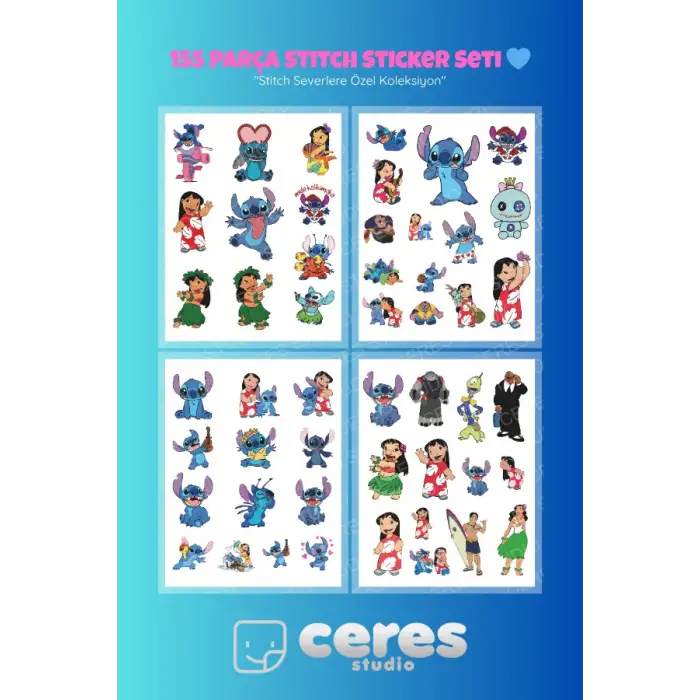 Stitch Temalı 155 Parça Sticker Seti - Kawaii Karakter Etiketleri Defter Laptop Telefon İçin