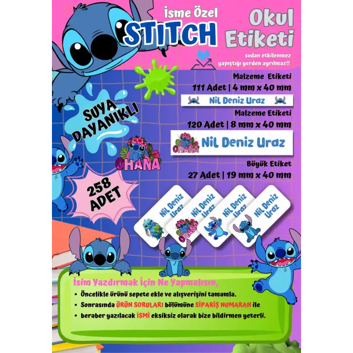 Stitch Temalı Kişiye Özel Suya Dayanıklı Okul Etiketi Seti - 258 Adet İsimli Etiket