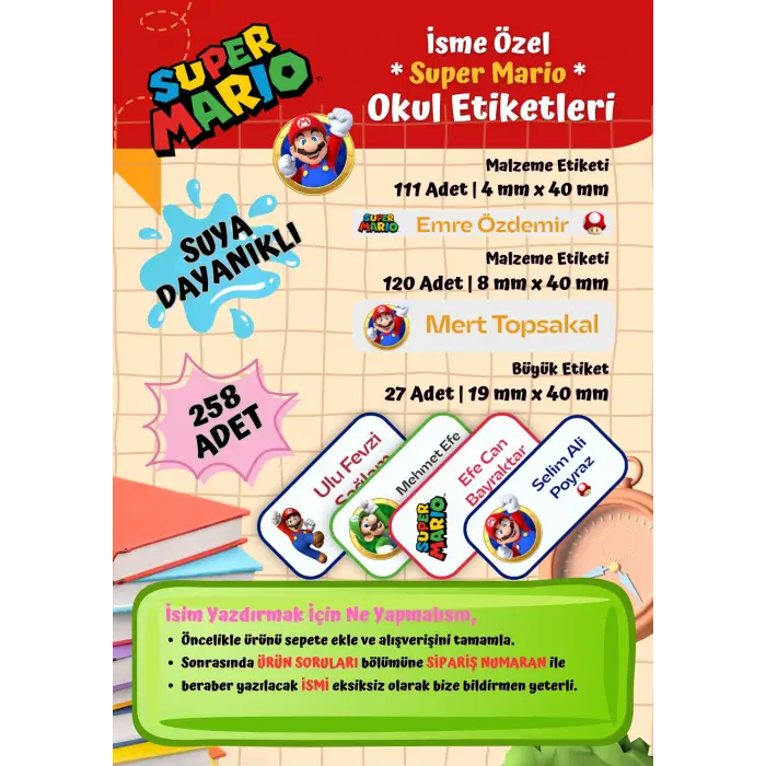 Super Mario Okul Etiketi Defter Etiketi Kalem Etiketi Kişiye Özel Suya Dayanıklı İsim Yazılabilien