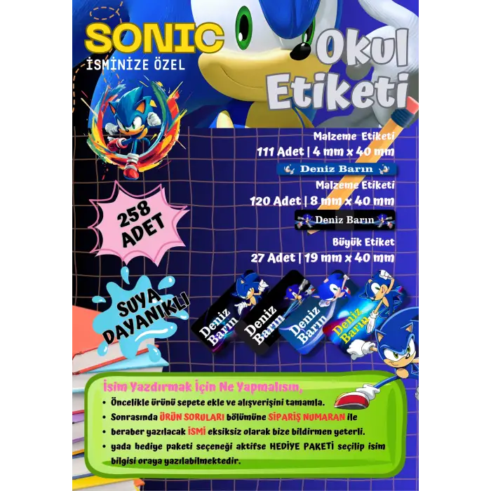 Super Sonic Temalı Kişiye Özel Suya Dayanıklı Okul Etiketi – 258 Adet İsimli Çıkartma