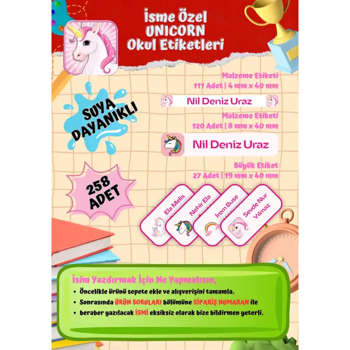 Unicorn Okul Etiketi Defter Etiketi Kalem Etiketi Kişiye Özel Suya Dayanıklı İsim Yazılabilien