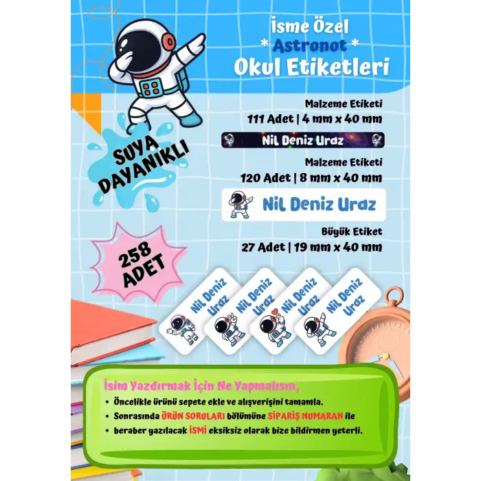 Uzay Astonot Temalı Kişiye Özel Suya Dayanıklı Okul Etiketi Seti - 258 Adet İsimli Etiket