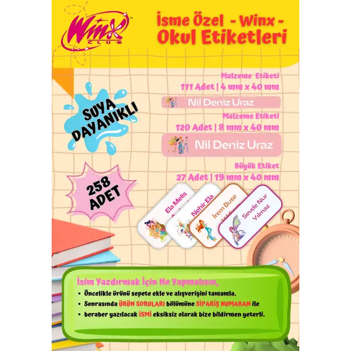 Winx Okul Etiketi Defter Etiketi Kalem Etiketi Kişiye Özel Suya Dayanıklı İsim Yazılabilien
