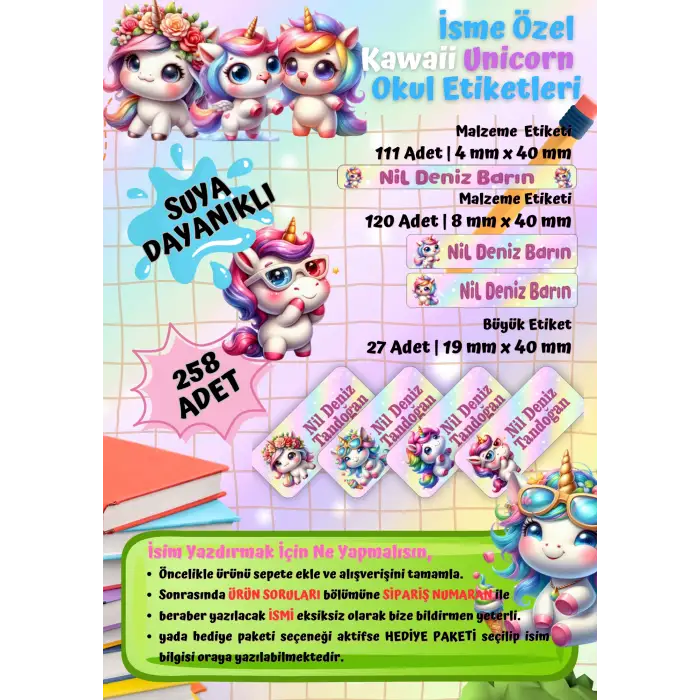Yeni Unicorn Temalı Kişiye Özel Suya Dayanıklı Okul Etiketi Seti – 258 Adet İsimli Çıkartma