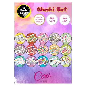 15 Sayfa 206 Adet Washi Tape Etiket Sticker Set (9x13cm 15 Sayfa Toplam 206 Bant)
