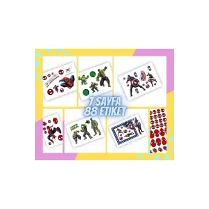 7 Sayfa 88 Adet Süper Kahraman Etiket Sticker Set Spiderman - Hulk - Captain America