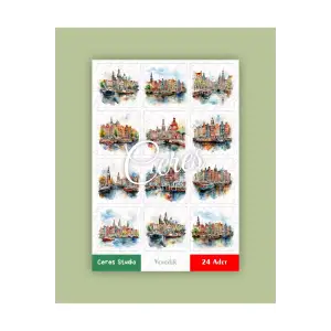 İtalya Venedik Temalı Sticker Set Italy - Venezia 2 Sayfa 24 Adet Etiket Planlayıcı Bullet Journal