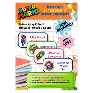 Süper Mario Etiketi Defter Etiketi Kitap Etiketi Kişiye Özel Suya Dayanıklı İsim Yazılabilien