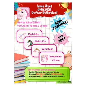 Unicorn Okul Etiketi Defter Etiketi Kitap Etiketi Kişiye Özel Suya Dayanıklı İsim Yazılabilien