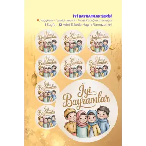 İyi Bayramlar Sticker Seti B-4 12 Adet Etiket | Yapışkanlı, Parlak Kuşe Çıkartma Kağıdı