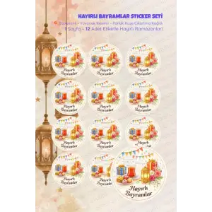 İyi Bayramlar Sticker Seti B-7 12 Adet Etiket | Yapışkanlı, Parlak Kuşe Çıkartma Kağıdı