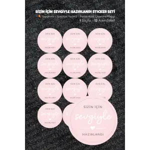 Sizin için sevgiyle hazırlandı Sticker Seti Sİ-3 12 Adet Etiket | Yapışkanlı, Parlak Kuşe Çıkartma Kağıdı