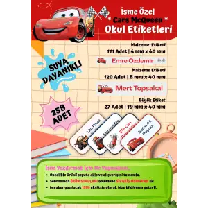 CARS MCQUUEN Okul Etiketi Defter Etiketi Kalem Etiketi Kişiye Özel Suya Dayanıklı İsim Yazılabilien