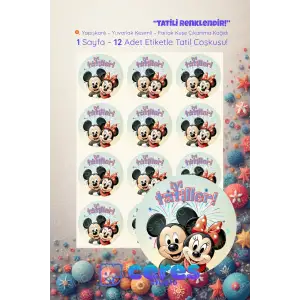 İyi Tatiller Mickey Minnie Sticker Seti K19- 12 Adet Yuvarlak Etiket | Yapışkanlı, Parlak Kuşe Çıkartma Kağıdı