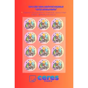 İyi Tatiller Sticker Seti K12- 12 Adet Yuvarlak Etiket | Yapışkanlı, Parlak Kuşe Çıkartma Kağıdı