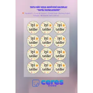İyi Tatiller Sticker Seti K15- 12 Adet Yuvarlak Etiket | Yapışkanlı, Parlak Kuşe Çıkartma Kağıdı