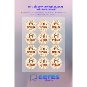 İyi Tatiller Sticker Seti K4- 12 Adet Yuvarlak Etiket | Yapışkanlı, Parlak Kuşe Çıkartma Kağıdı