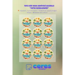 İyi Tatiller Sticker Seti K6- 12 Adet Yuvarlak Etiket | Yapışkanlı, Parlak Kuşe Çıkartma Kağıdı