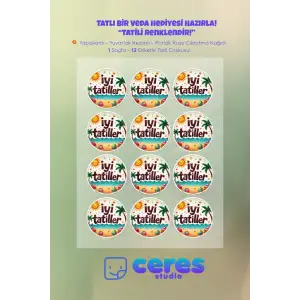 İyi Tatiller Sticker Seti K8- 12 Adet Yuvarlak Etiket | Yapışkanlı, Parlak Kuşe Çıkartma Kağıdı
