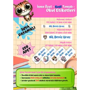 Kedi Temalı Kişiye Özel Suya Dayanıklı Okul Etiketi Seti - 258 Adet İsimli Etiket